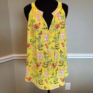 Rose + Olive Floral Butterfly Sleeveless Blouse Tie-Neck Detail Size L